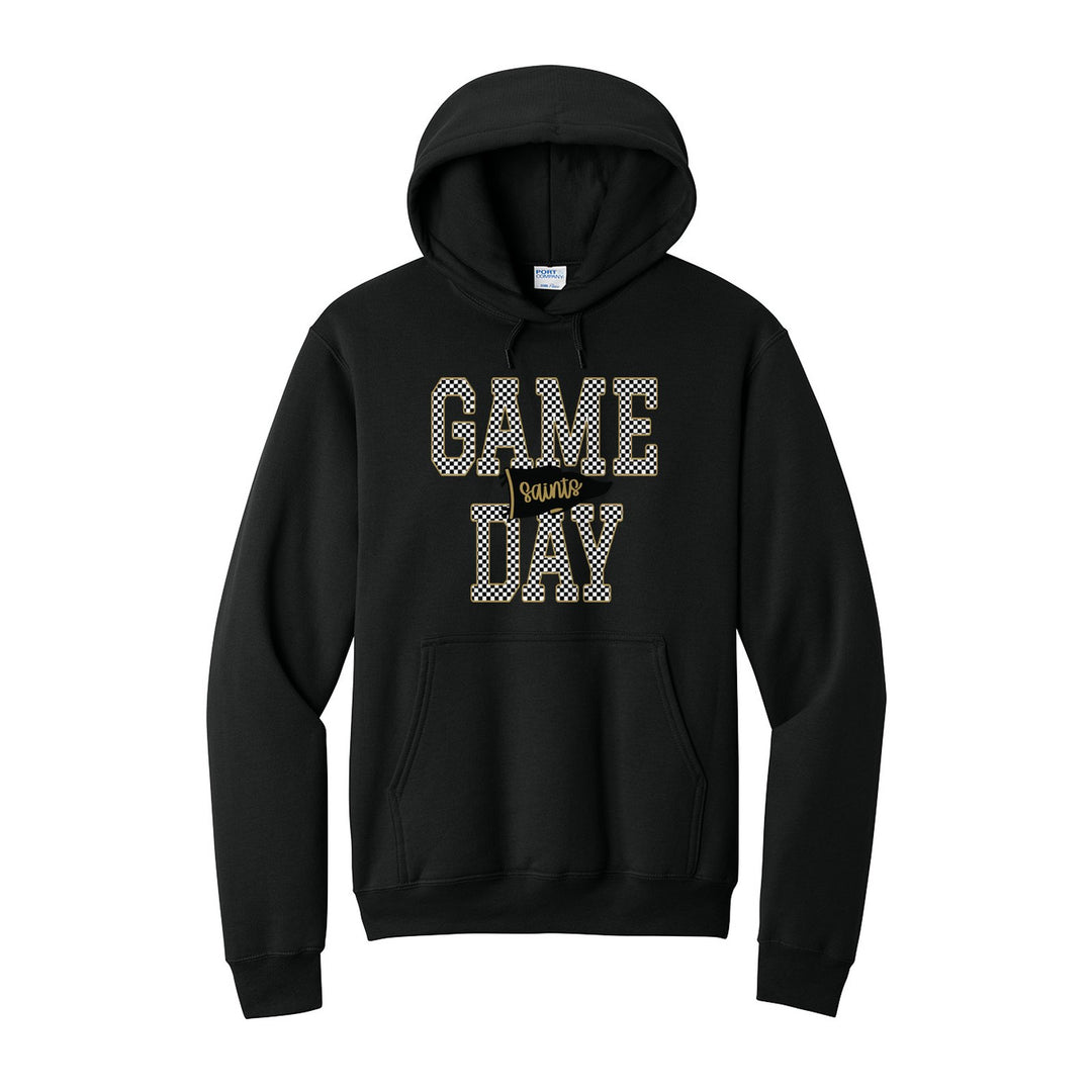 Berks Catholic Saints Game Day hoodie in Jet Black: checkered GAME DAY lettering with a Saints pennant across the middle