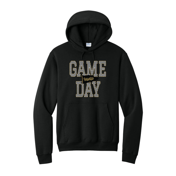 Berks Catholic Saints Game Day hoodie in Jet Black: checkered GAME DAY lettering with a Saints pennant across the middle