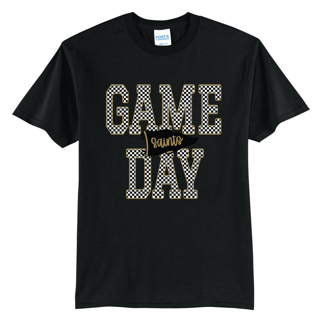 Berks Catholic Saints Game Day t-shirt in Jet Black: checkered GAME DAY lettering with a Saints pennant across the middle