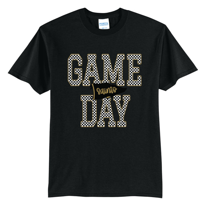 Berks Catholic Saints Game Day t-shirt in Jet Black: checkered GAME DAY lettering with a Saints pennant across the middle