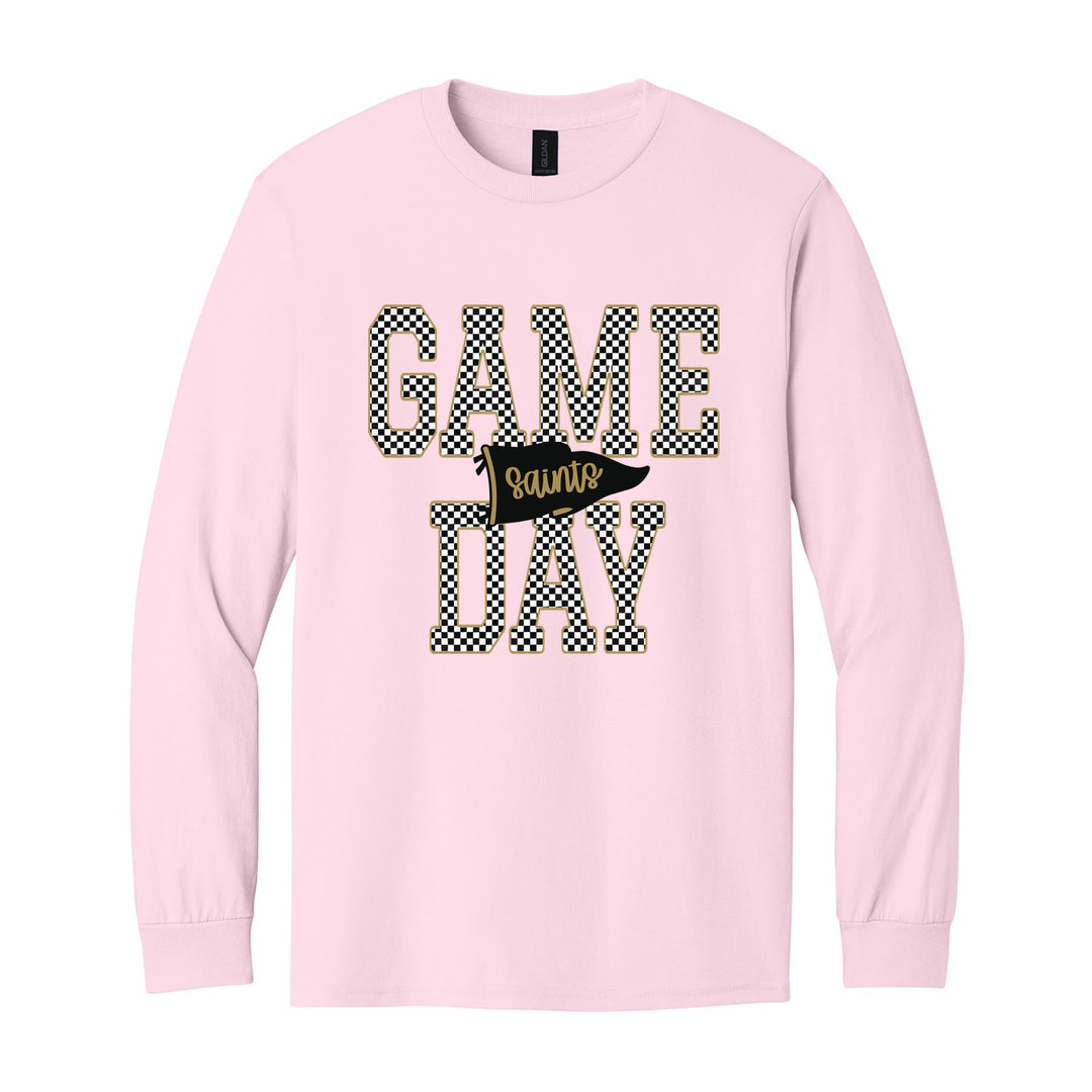 Berks Catholic Saints Game Day long sleeve t-shirt in Light Pink: checkered GAME DAY lettering with a Saints pennant across the middle