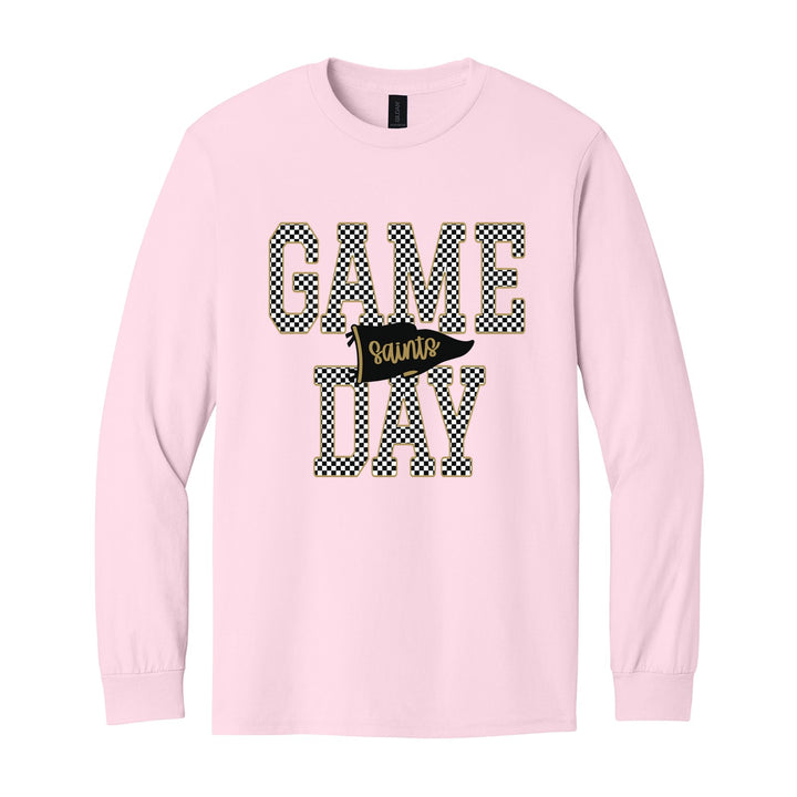 Berks Catholic Saints Game Day long sleeve t-shirt in Light Pink: checkered GAME DAY lettering with a Saints pennant across the middle