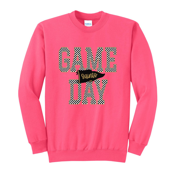 Berks Catholic Saints Game Day crewneck sweatshirt in Neon Pink: checkered GAME DAY lettering with a Saints pennant across the middle