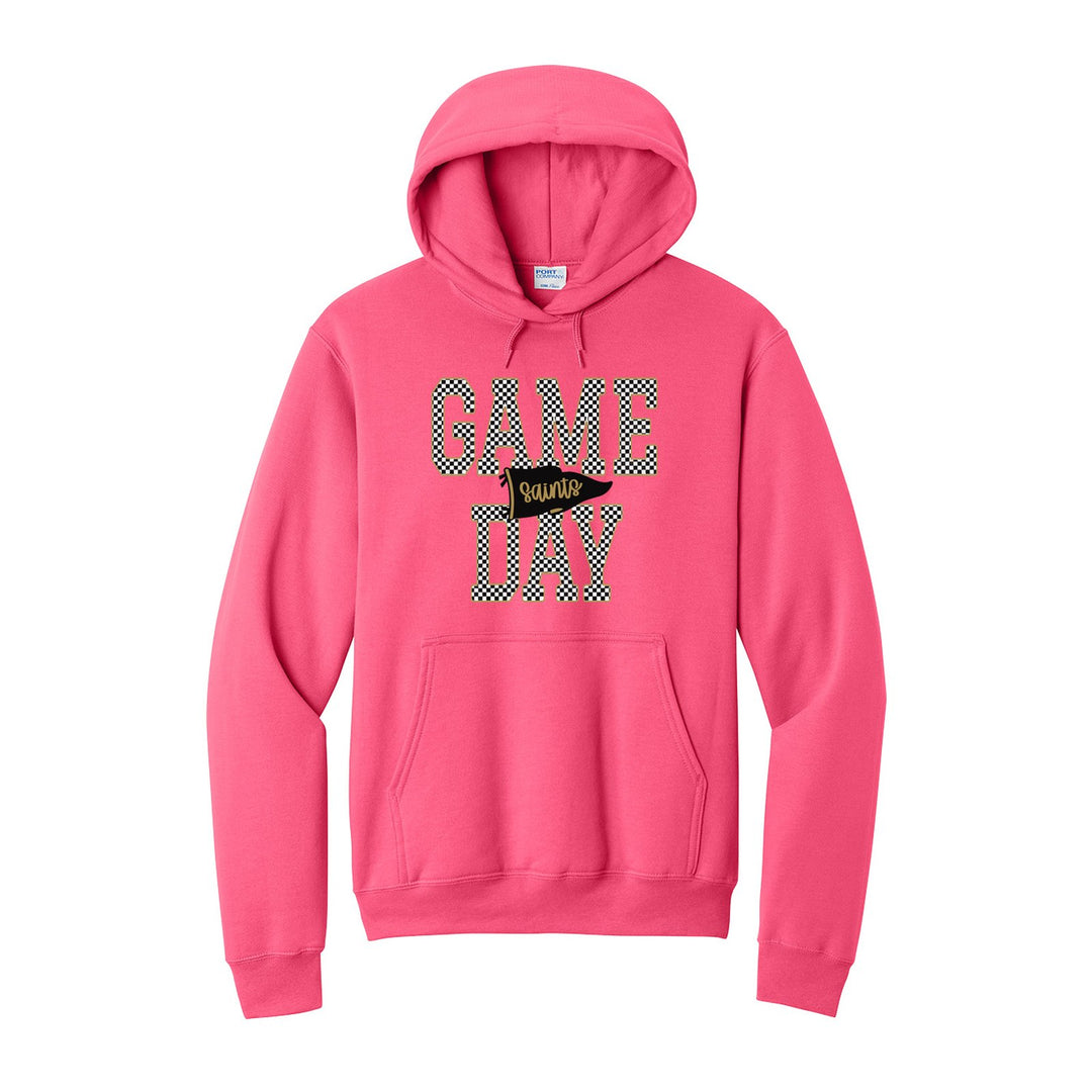 Berks Catholic Saints Game Day hoodie in Neon Pink: checkered GAME DAY lettering with a Saints pennant across the middle