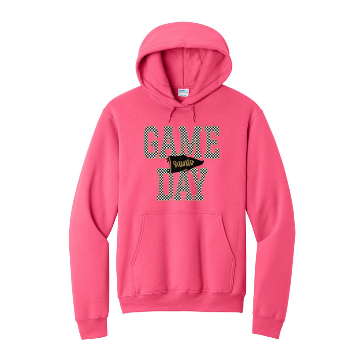 Berks Catholic Saints Game Day hoodie in Neon Pink: checkered GAME DAY lettering with a Saints pennant across the middle