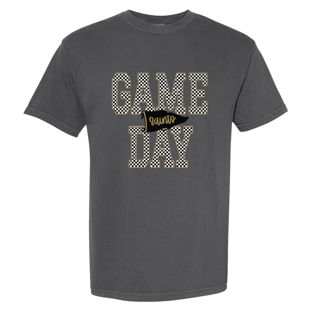 Berks Catholic Saints Game Day comfort colors t-shirt in Pepper: checkered GAME DAY lettering with a Saints pennant across the middle