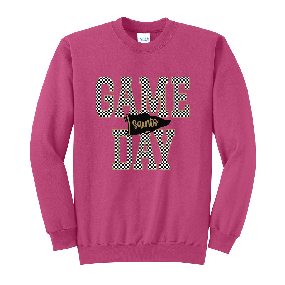 Berks Catholic Saints Game Day crewneck sweatshirt in Sangria: checkered GAME DAY lettering with a Saints pennant across the middle