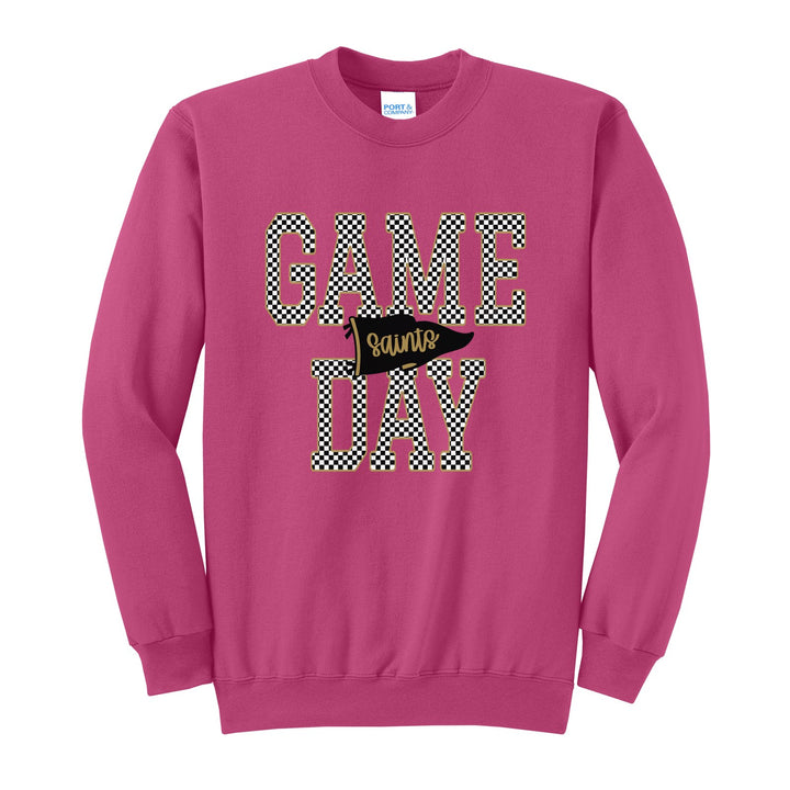 Berks Catholic Saints Game Day crewneck sweatshirt in Sangria: checkered GAME DAY lettering with a Saints pennant across the middle