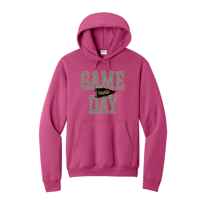 Berks Catholic Saints Game Day hoodie in Sangria: checkered GAME DAY lettering with a Saints pennant across the middle