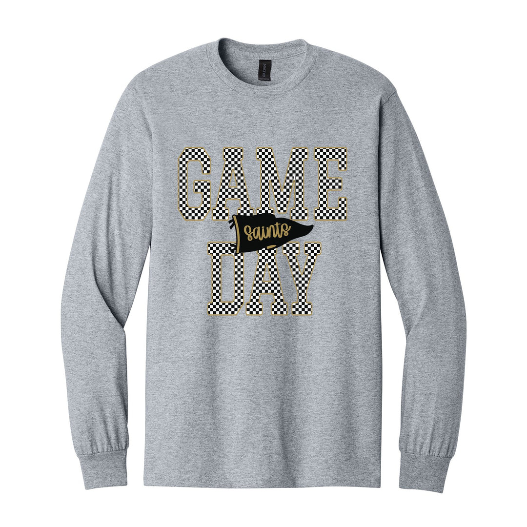 Berks Catholic Saints Game Day long sleeve t-shirt in Sport Grey: checkered GAME DAY lettering with a Saints pennant across the middle