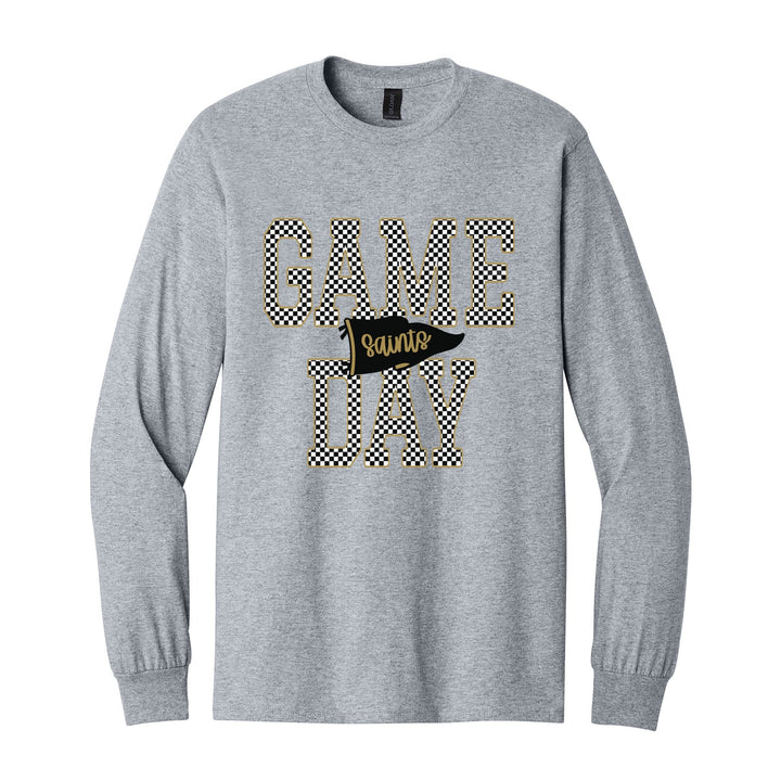 Berks Catholic Saints Game Day long sleeve t-shirt in Sport Grey: checkered GAME DAY lettering with a Saints pennant across the middle