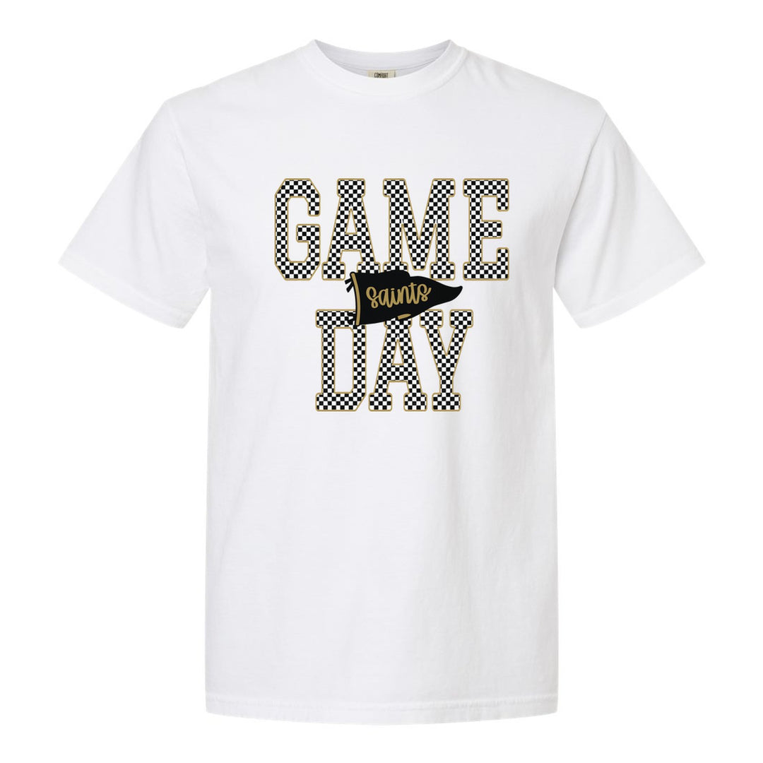 Berks Catholic Saints Game Day comfort colors t-shirt in White: checkered GAME DAY lettering with a Saints pennant across the middle