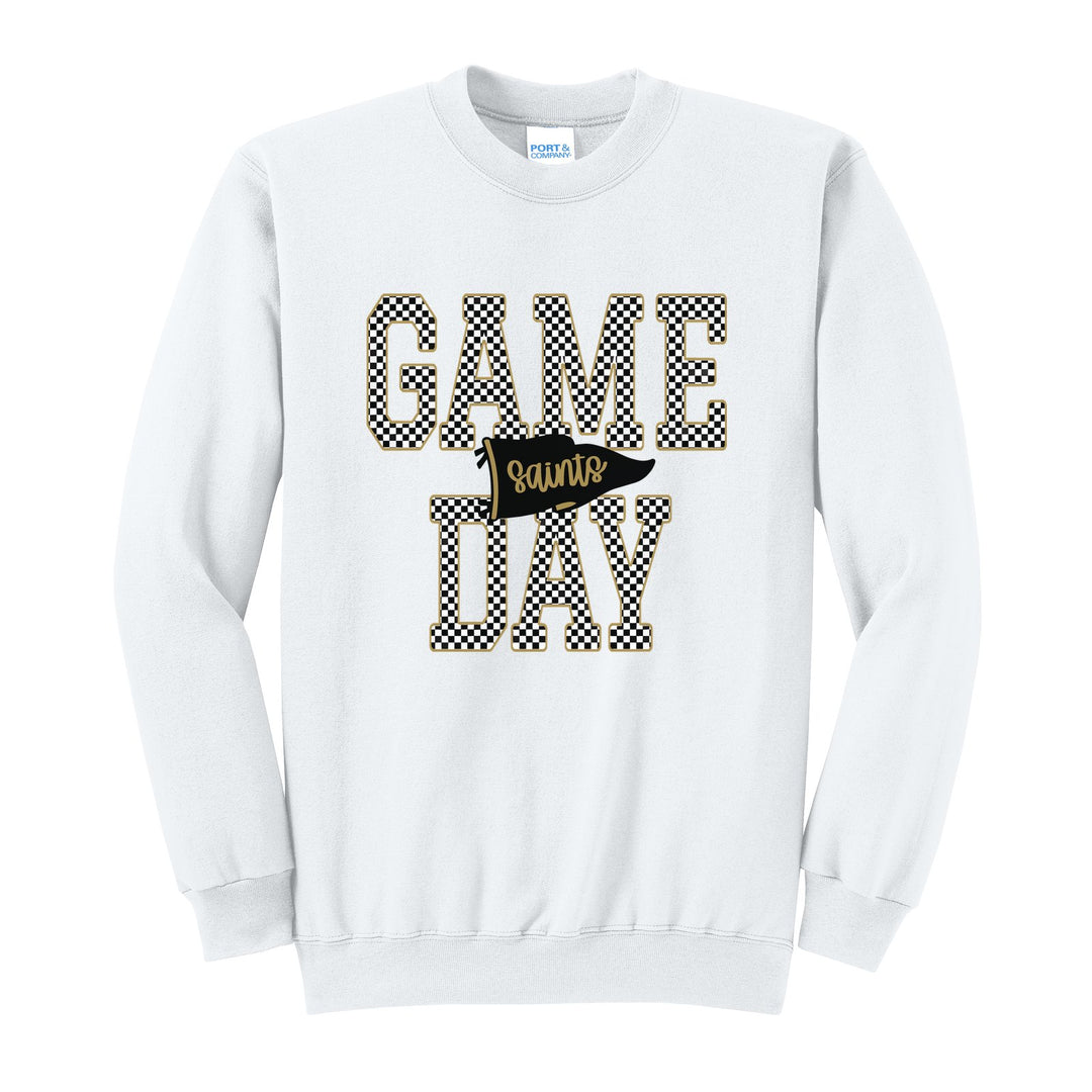 Berks Catholic Saints Game Day crewneck sweatshirt in White: checkered GAME DAY lettering with a Saints pennant across the middle