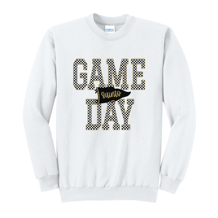 Berks Catholic Saints Game Day crewneck sweatshirt in White: checkered GAME DAY lettering with a Saints pennant across the middle