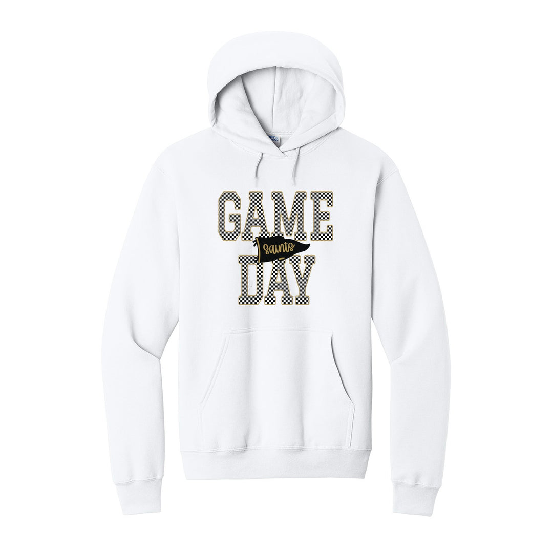 Berks Catholic Saints Game Day hoodie in White: checkered GAME DAY lettering with a Saints pennant across the middle