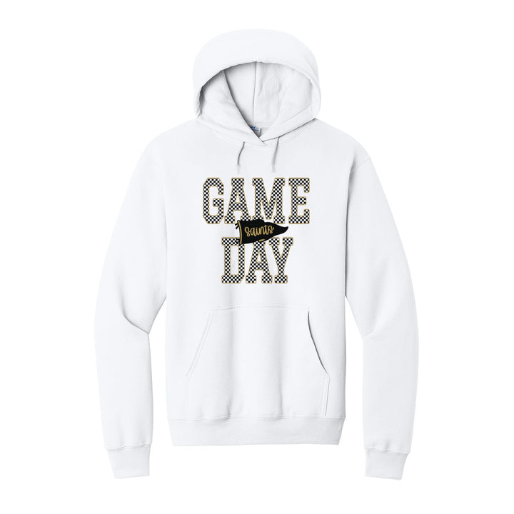 Berks Catholic Saints Game Day hoodie in White: checkered GAME DAY lettering with a Saints pennant across the middle