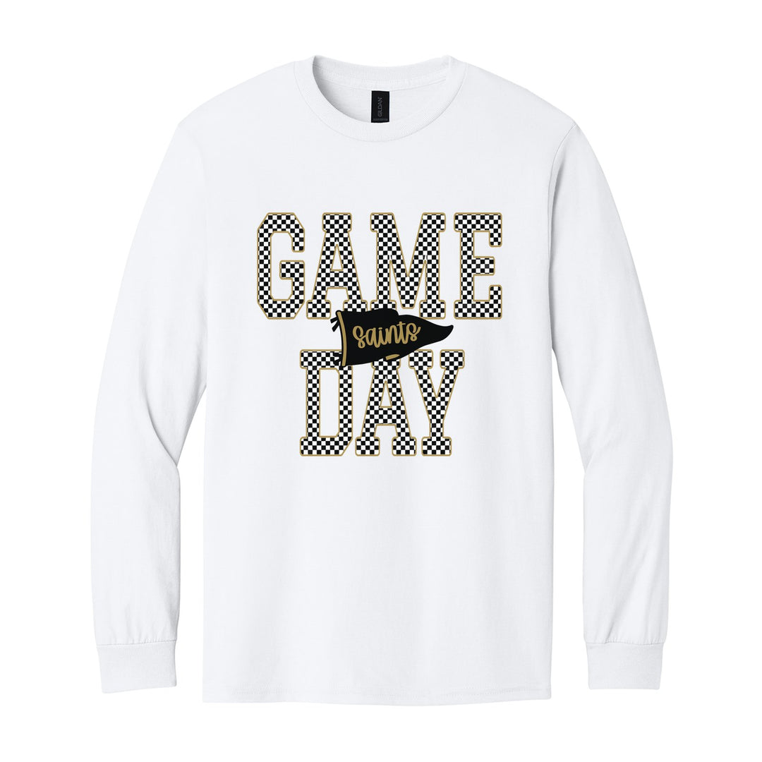 Berks Catholic Saints Game Day long sleeve t-shirt in White: checkered GAME DAY lettering with a Saints pennant across the middle