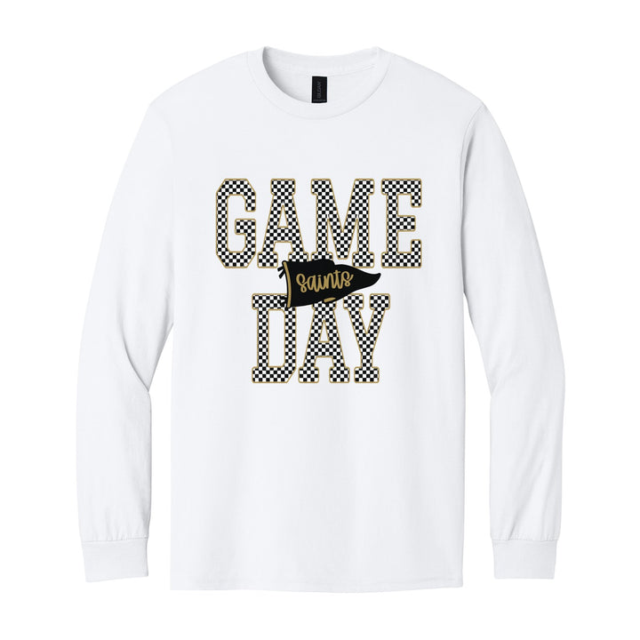 Berks Catholic Saints Game Day long sleeve t-shirt in White: checkered GAME DAY lettering with a Saints pennant across the middle