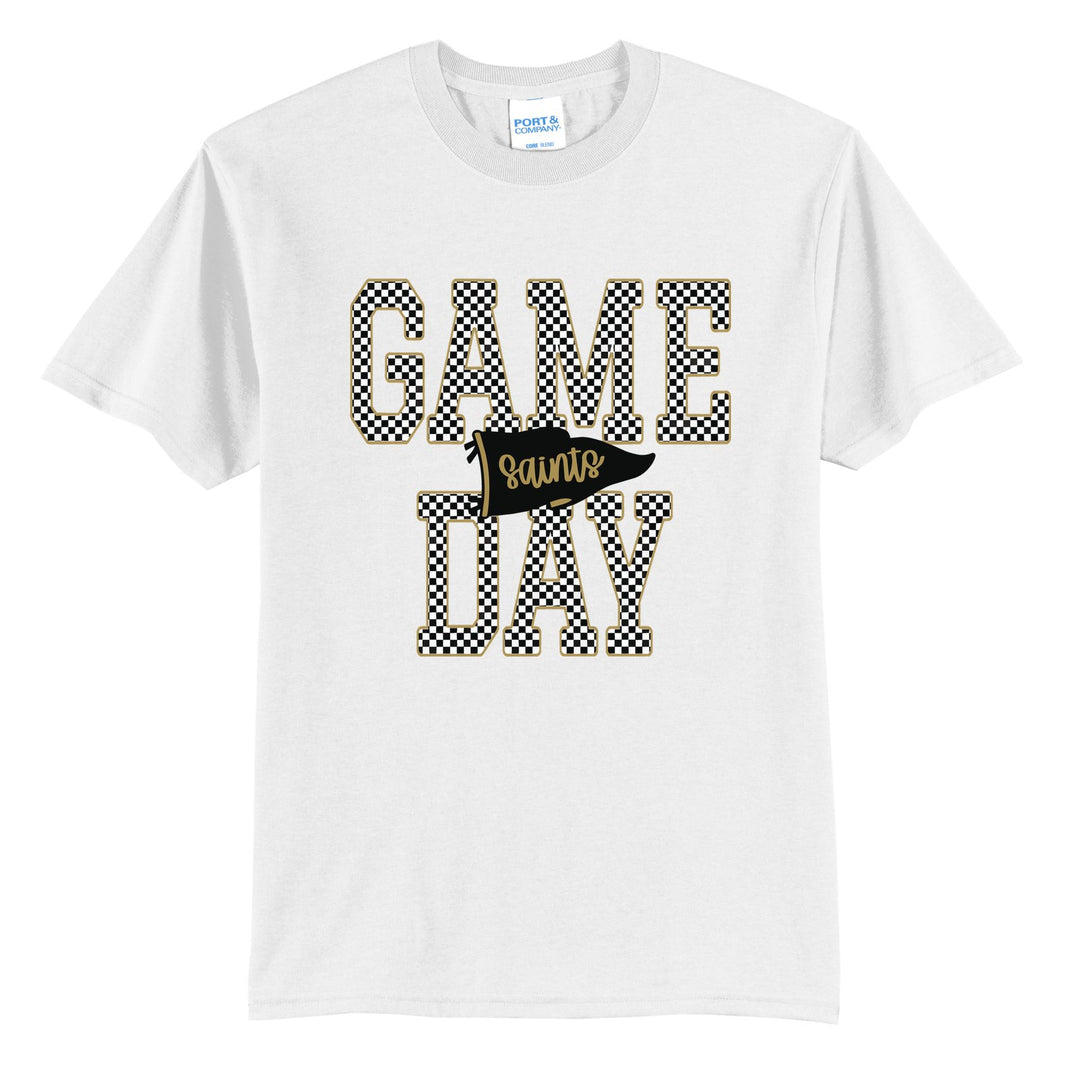 Berks Catholic Saints Game Day t-shirt in White: checkered GAME DAY lettering with a Saints pennant across the middle