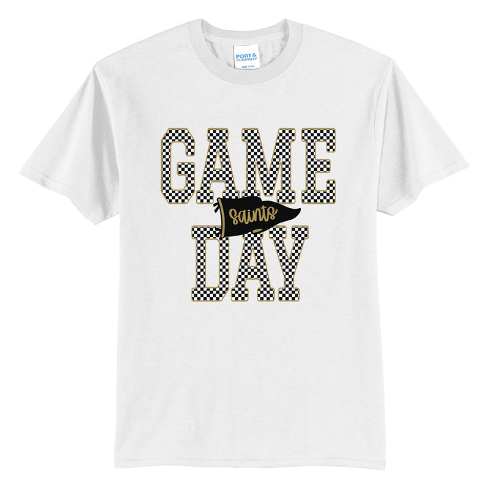 Berks Catholic Saints Game Day t-shirt in White: checkered GAME DAY lettering with a Saints pennant across the middle