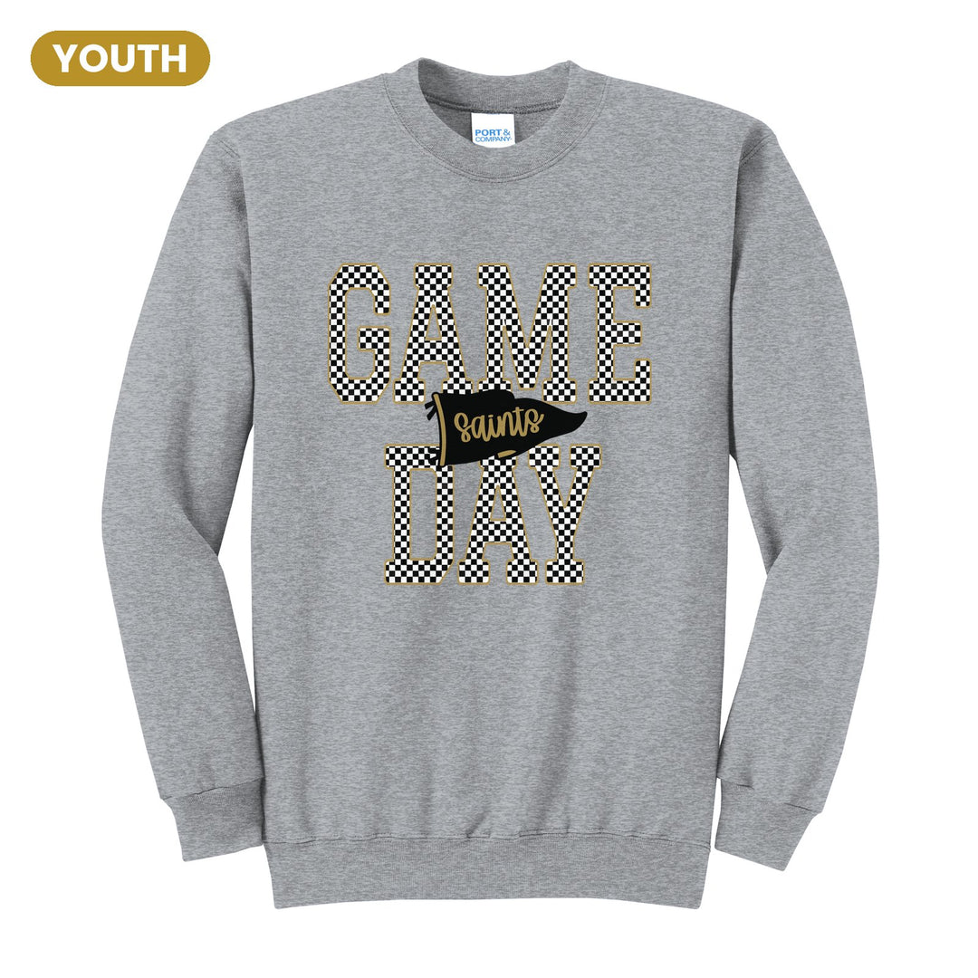 Berks Catholic Saints Game Day youth crewneck sweatshirt in Athletic Heather: checkered GAME DAY lettering with a Saints pennant across the middle