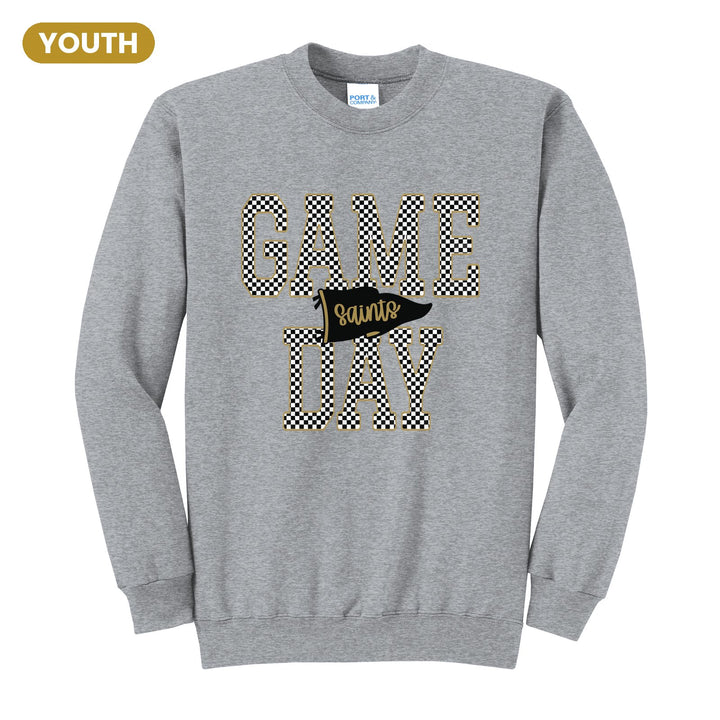 Berks Catholic Saints Game Day youth crewneck sweatshirt in Athletic Heather: checkered GAME DAY lettering with a Saints pennant across the middle