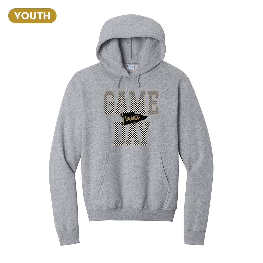 Berks Catholic Saints Game Day youth hoodie in Athletic Heather: checkered GAME DAY lettering with a Saints pennant across the middle