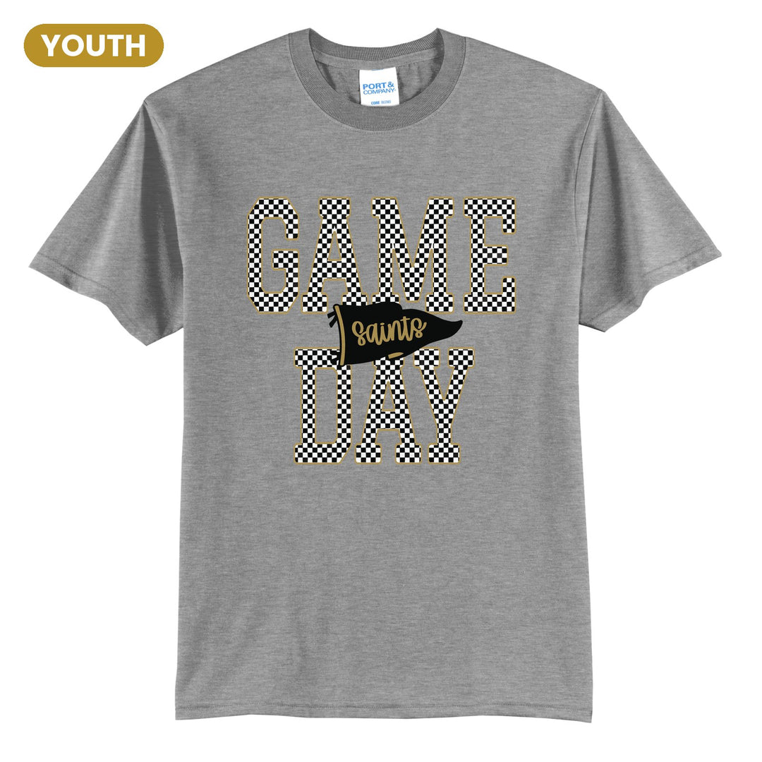 Berks Catholic Saints Game Day youth t-shirt in Athletic Heather: checkered GAME DAY lettering with a Saints pennant across the middle