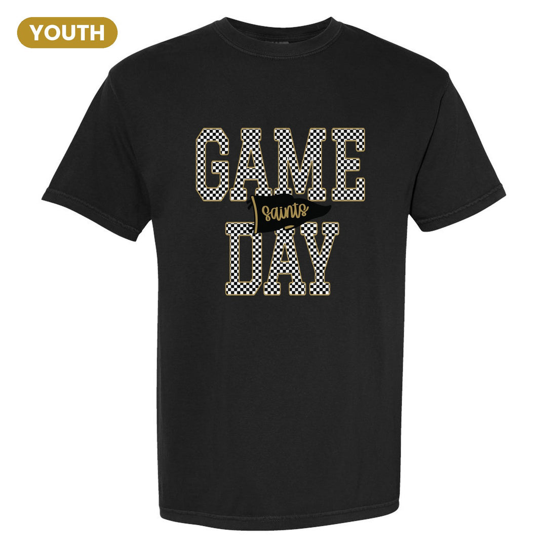 Berks Catholic Saints Game Day youth comfort colors t-shirt in Black: checkered GAME DAY lettering with a Saints pennant across the middle
