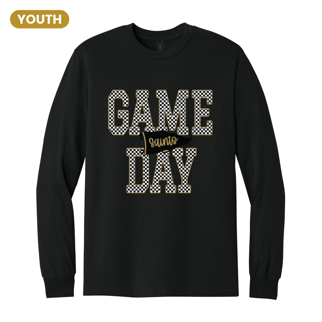 Berks Catholic Saints Game Day youth long sleeve t-shirt in Black: checkered GAME DAY lettering with a Saints pennant across the middle
