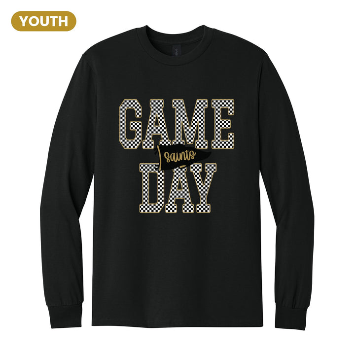 Berks Catholic Saints Game Day youth long sleeve t-shirt in Black: checkered GAME DAY lettering with a Saints pennant across the middle