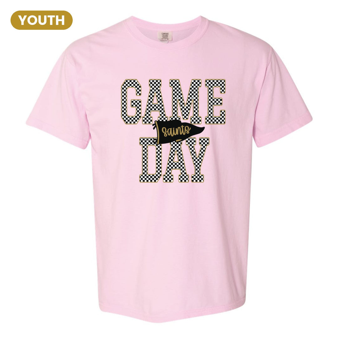 Berks Catholic Saints Game Day youth comfort colors t-shirt in Blossom: checkered GAME DAY lettering with a Saints pennant across the middle