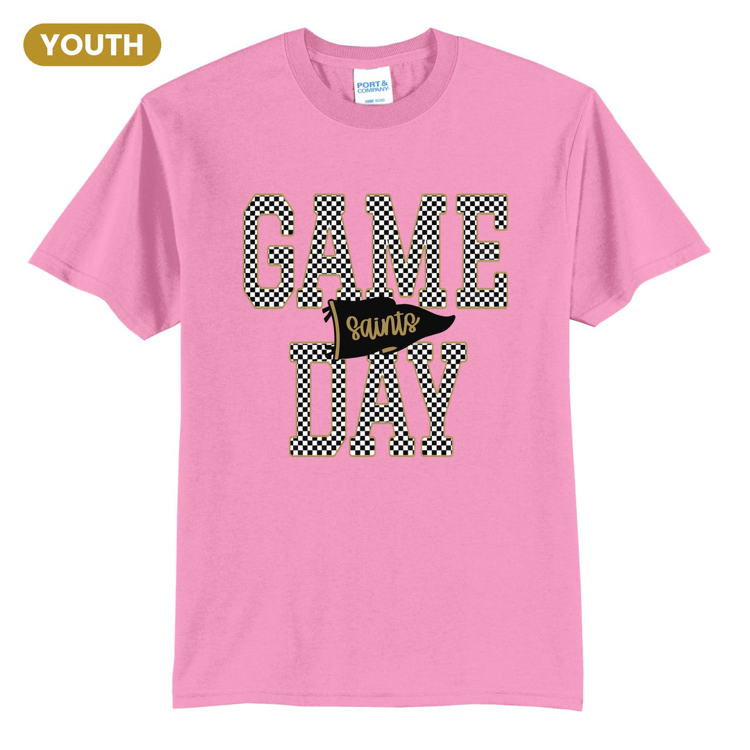 Berks Catholic Saints Game Day youth t-shirt in Candy Pink: checkered GAME DAY lettering with a Saints pennant across the middle