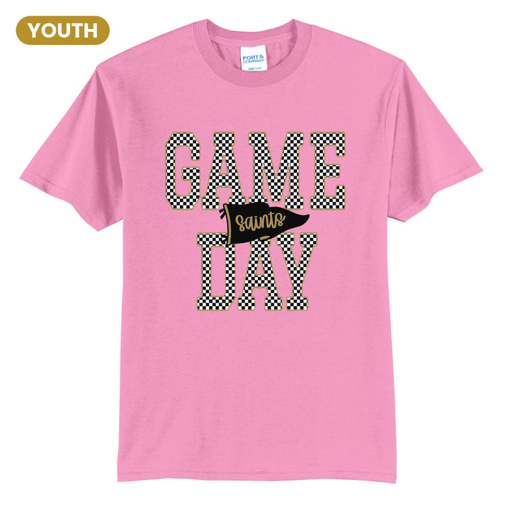 Berks Catholic Saints Game Day youth t-shirt in Candy Pink: checkered GAME DAY lettering with a Saints pennant across the middle