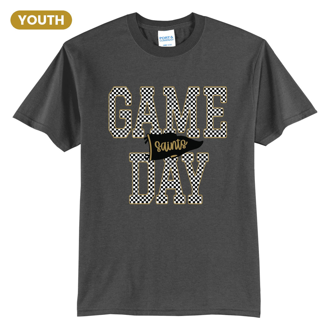 Berks Catholic Saints Game Day youth t-shirt in Charcoal: checkered GAME DAY lettering with a Saints pennant across the middle
