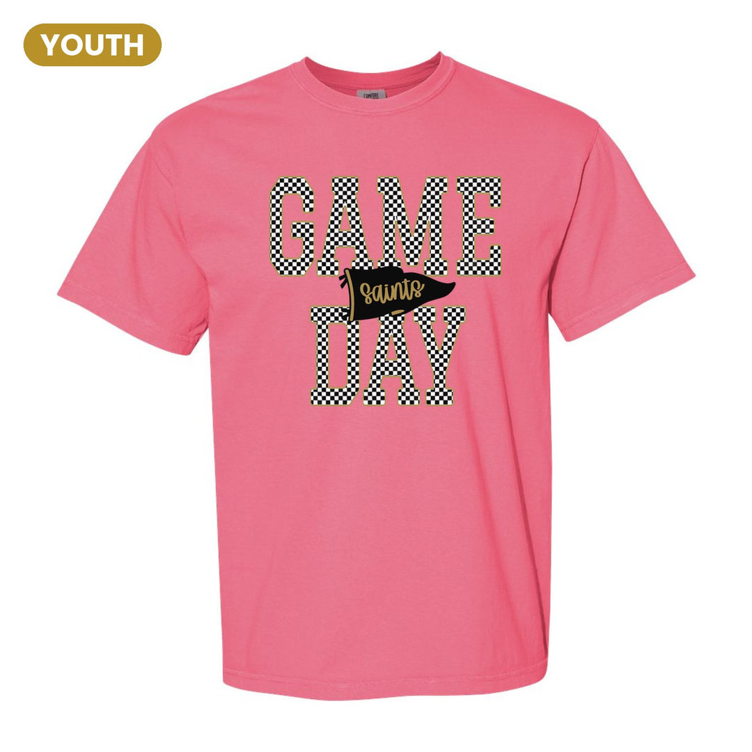 Berks Catholic Saints Game Day youth comfort colors t-shirt in Crunchberry: checkered GAME DAY lettering with a Saints pennant across the middle