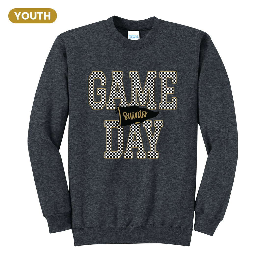 Berks Catholic Saints Game Day youth crewneck sweatshirt in Dark Heather Grey: checkered GAME DAY lettering with a Saints pennant across the middle