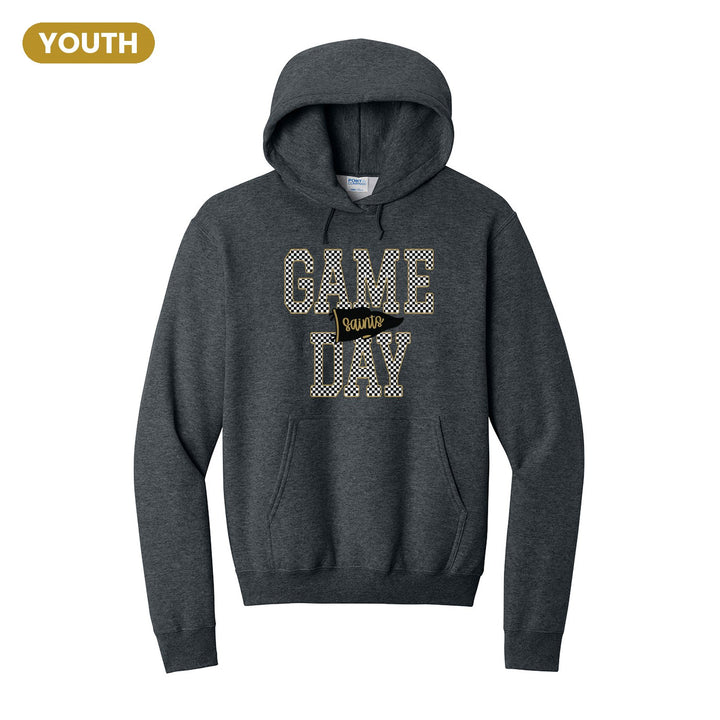 Berks Catholic Saints Game Day youth hoodie in Dark Heather Grey: checkered GAME DAY lettering with a Saints pennant across the middle