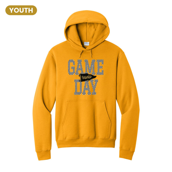 Berks Catholic Saints Game Day youth hoodie in Gold: checkered GAME DAY lettering with a Saints pennant across the middle