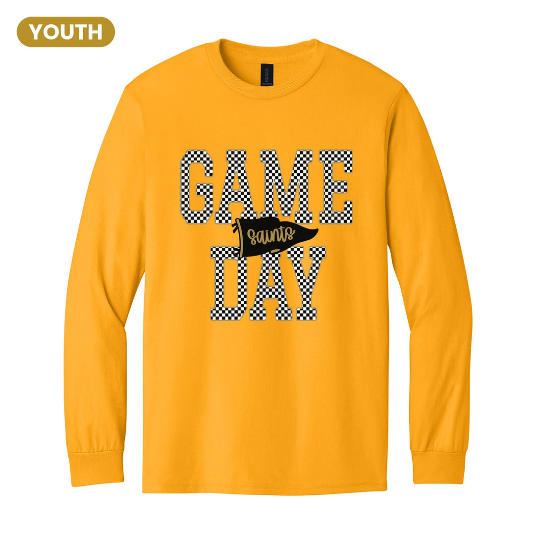 Berks Catholic Saints Game Day youth long sleeve t-shirt in Gold: checkered GAME DAY lettering with a Saints pennant across the middle