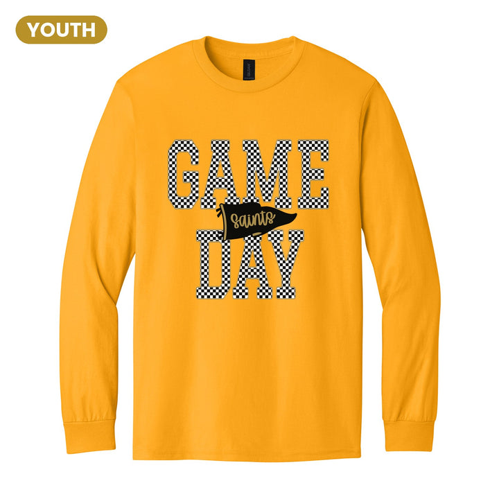 Berks Catholic Saints Game Day youth long sleeve t-shirt in Gold: checkered GAME DAY lettering with a Saints pennant across the middle