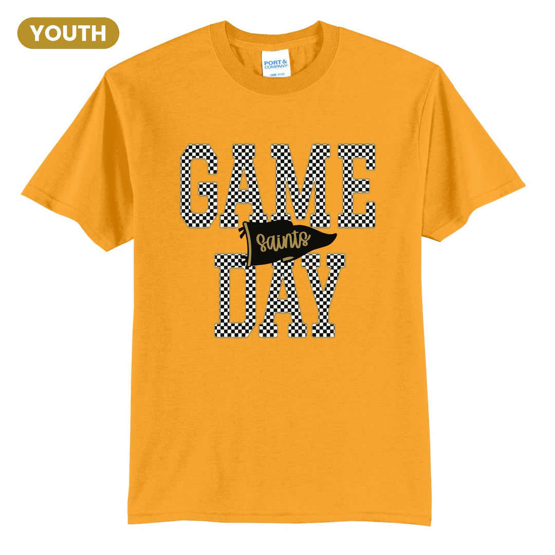 Berks Catholic Saints Game Day youth t-shirt in Gold: checkered GAME DAY lettering with a Saints pennant across the middle
