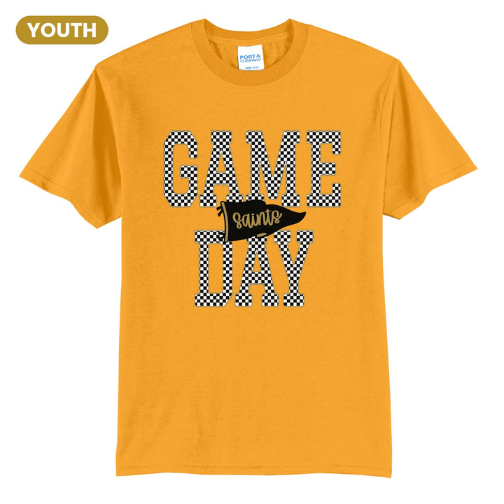 Berks Catholic Saints Game Day youth t-shirt in Gold: checkered GAME DAY lettering with a Saints pennant across the middle