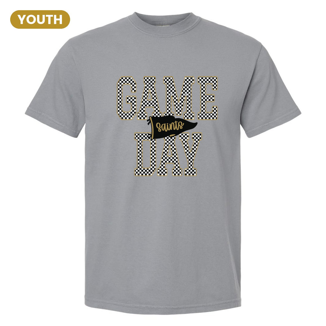 Berks Catholic Saints Game Day youth comfort colors t-shirt in Granite: checkered GAME DAY lettering with a Saints pennant across the middle