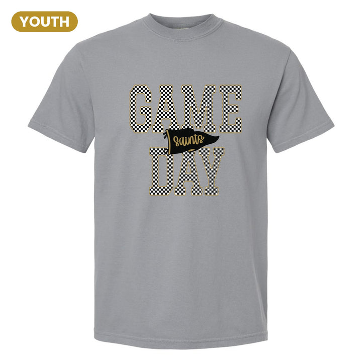 Berks Catholic Saints Game Day youth comfort colors t-shirt in Granite: checkered GAME DAY lettering with a Saints pennant across the middle