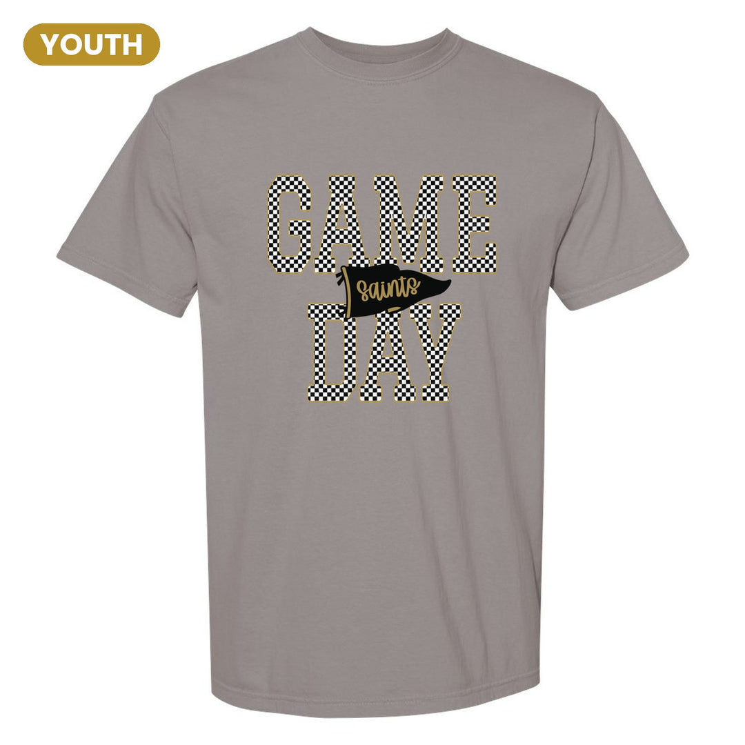 Berks Catholic Saints Game Day youth comfort colors t-shirt in Grey: checkered GAME DAY lettering with a Saints pennant across the middle