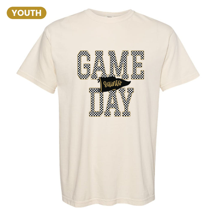 Berks Catholic Saints Game Day youth comfort colors t-shirt in Ivory: checkered GAME DAY lettering with a Saints pennant across the middle