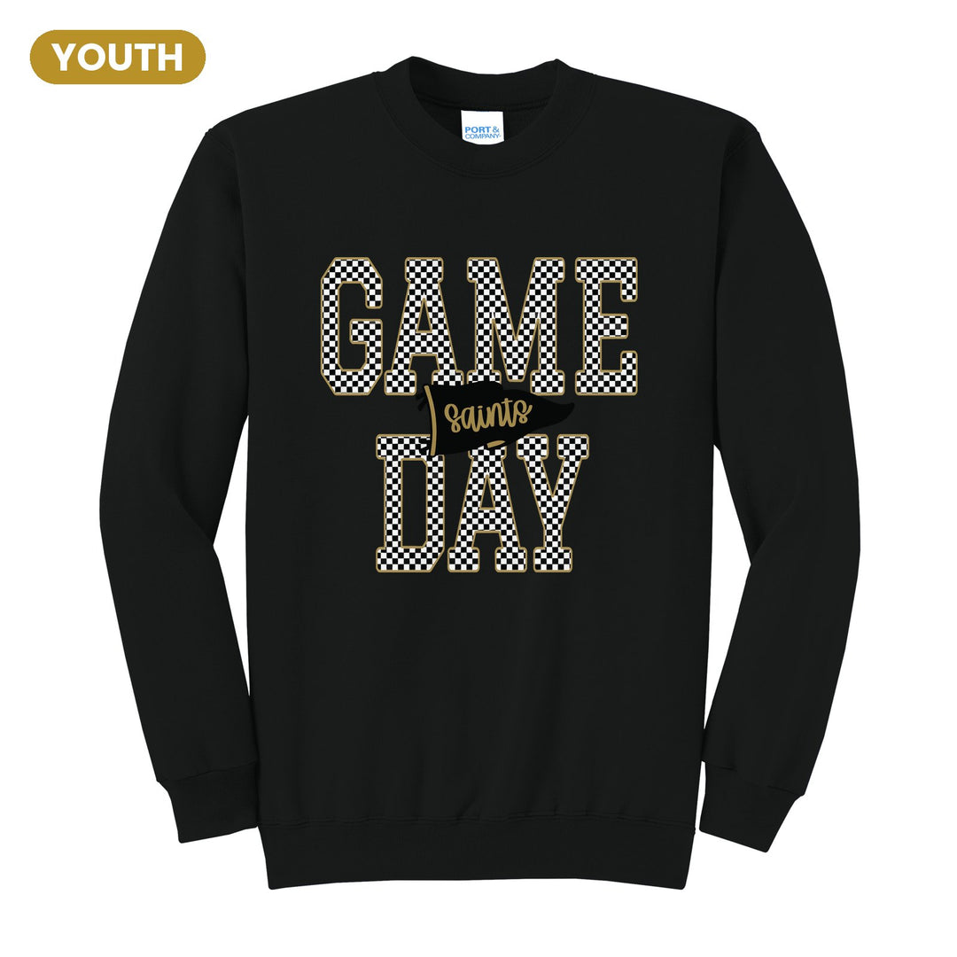 Berks Catholic Saints Game Day youth crewneck sweatshirt in Jet Black: checkered GAME DAY lettering with a Saints pennant across the middle