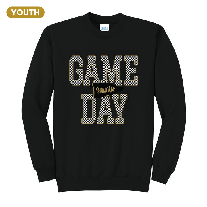 Berks Catholic Saints Game Day youth crewneck sweatshirt in Jet Black: checkered GAME DAY lettering with a Saints pennant across the middle