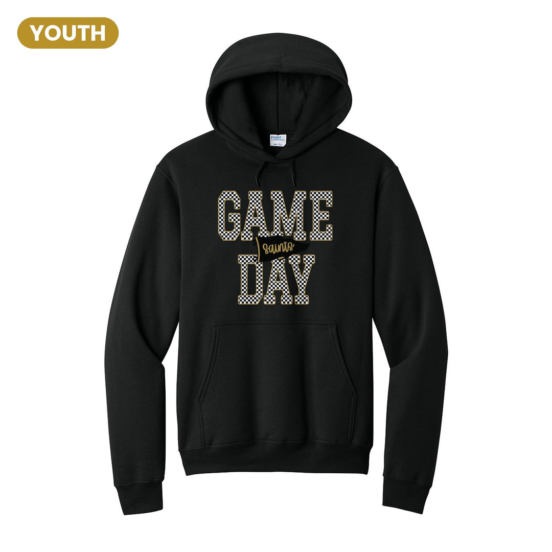 Berks Catholic Saints Game Day youth hoodie in Jet Black: checkered GAME DAY lettering with a Saints pennant across the middle